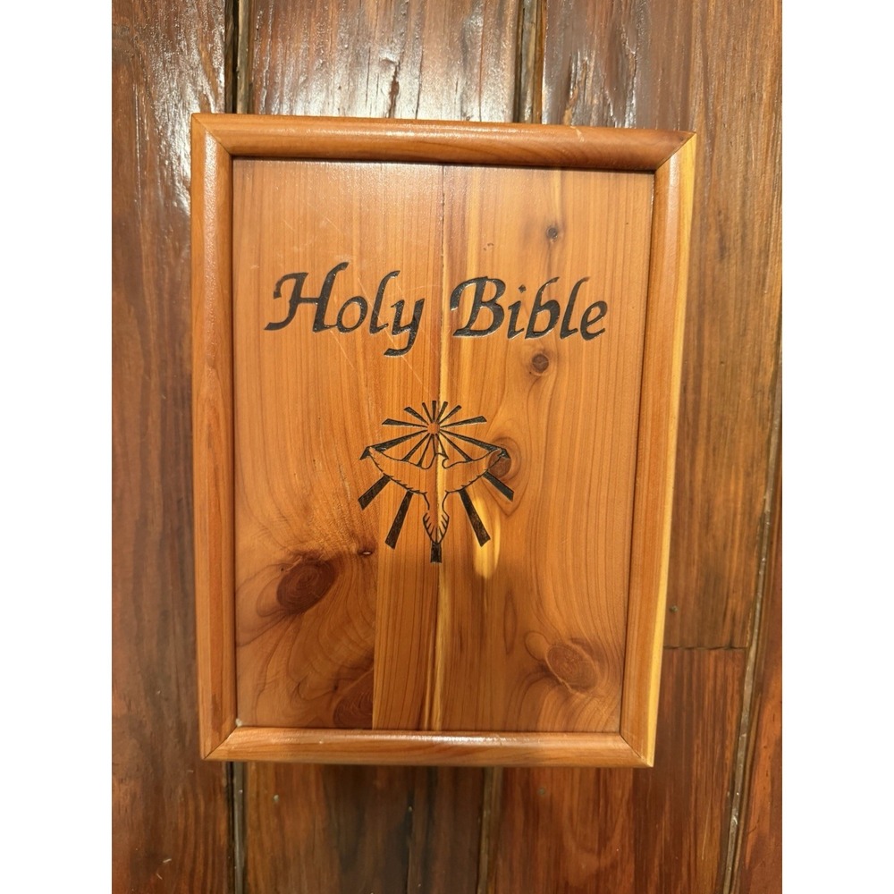 Vintage Cedar Box Wooden Storage Case With Holy Bible Blue Felt Lined Hinged